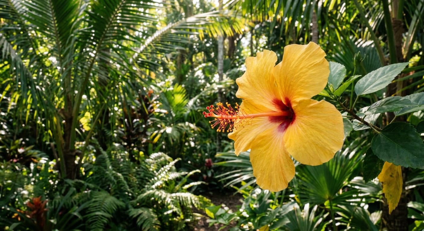 Exotic yellow hibiscus flower with intricate stamens, tropical garden setting, soft dappled sunlight, vibrant colors, editorial style