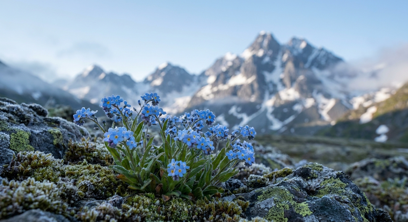 Delicate clusters of tiny blue forget-me-not flowers against a backdrop of rugged Alaskan mountains, crisp morning air, soft natural lighting