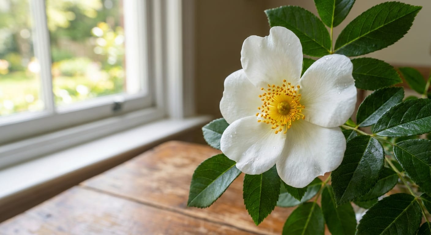 White Cherokee rose with golden center and glossy green leaves, soft window light, classic botanical style, high-definition macro photography