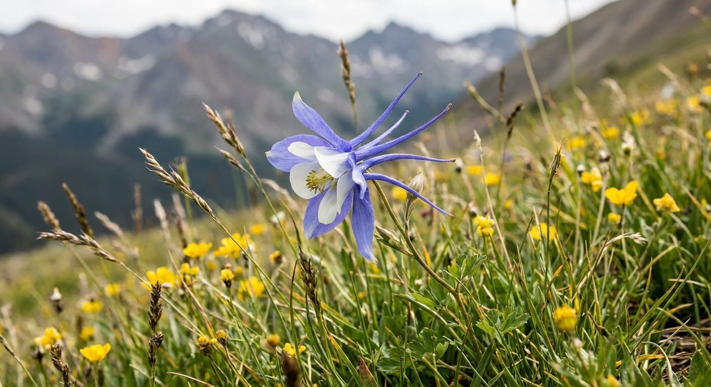 Stunning blue and white columbine flower with unique spurred petals, alpine meadow setting, sharp focus, vibrant colors, professional nature photography