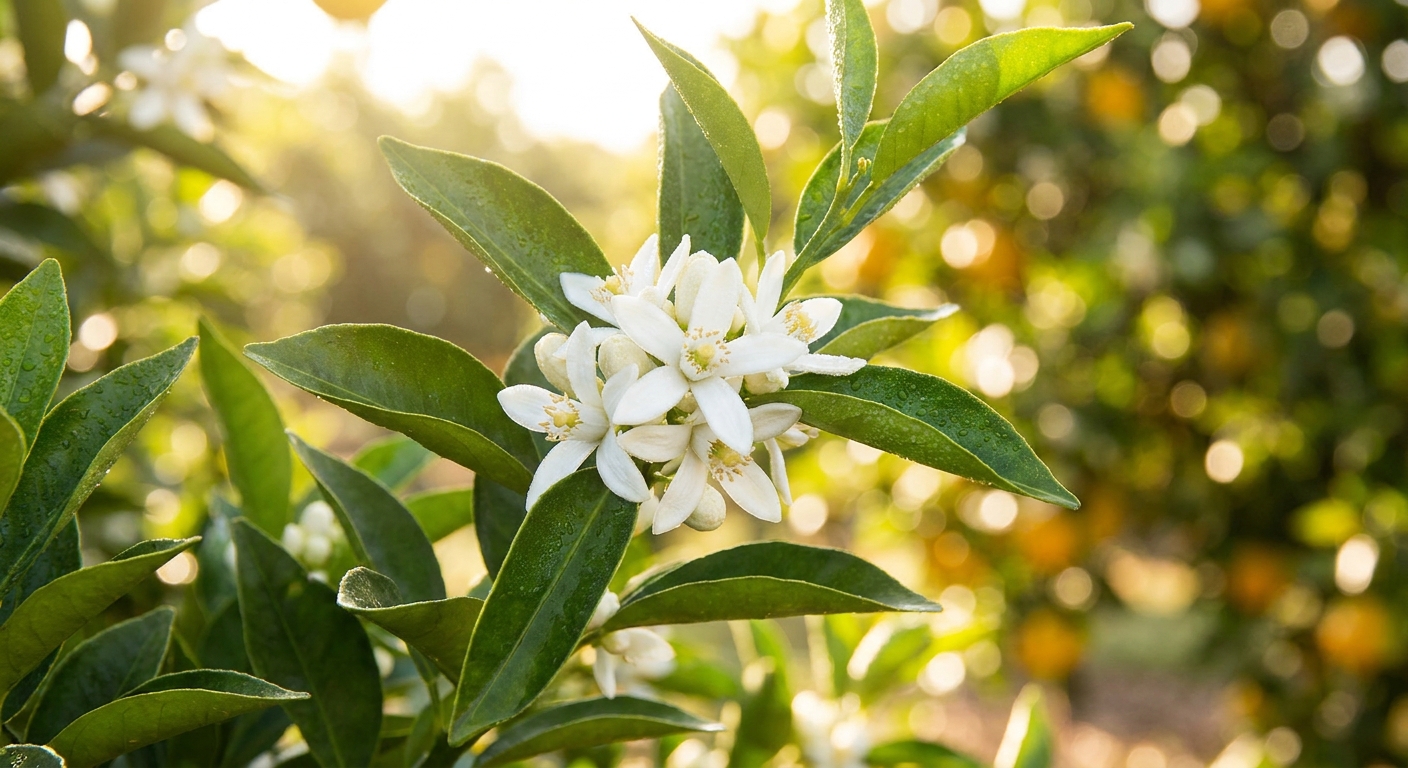 Fragrant white orange blossoms on a branch with glossy dark green leaves, soft morning dew, bright Florida sun, macro shot, editorial style