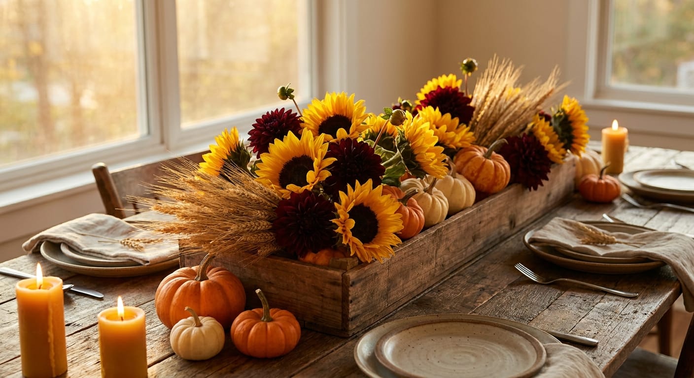 A rustic Thanksgiving table setting featuring a sprawling centerpiece of sunflowers, burgundy dahlias, dried wheat, and miniature pumpkins in a wooden box, soft golden hour lighting, cinematic depth of field, high-end editorial photography