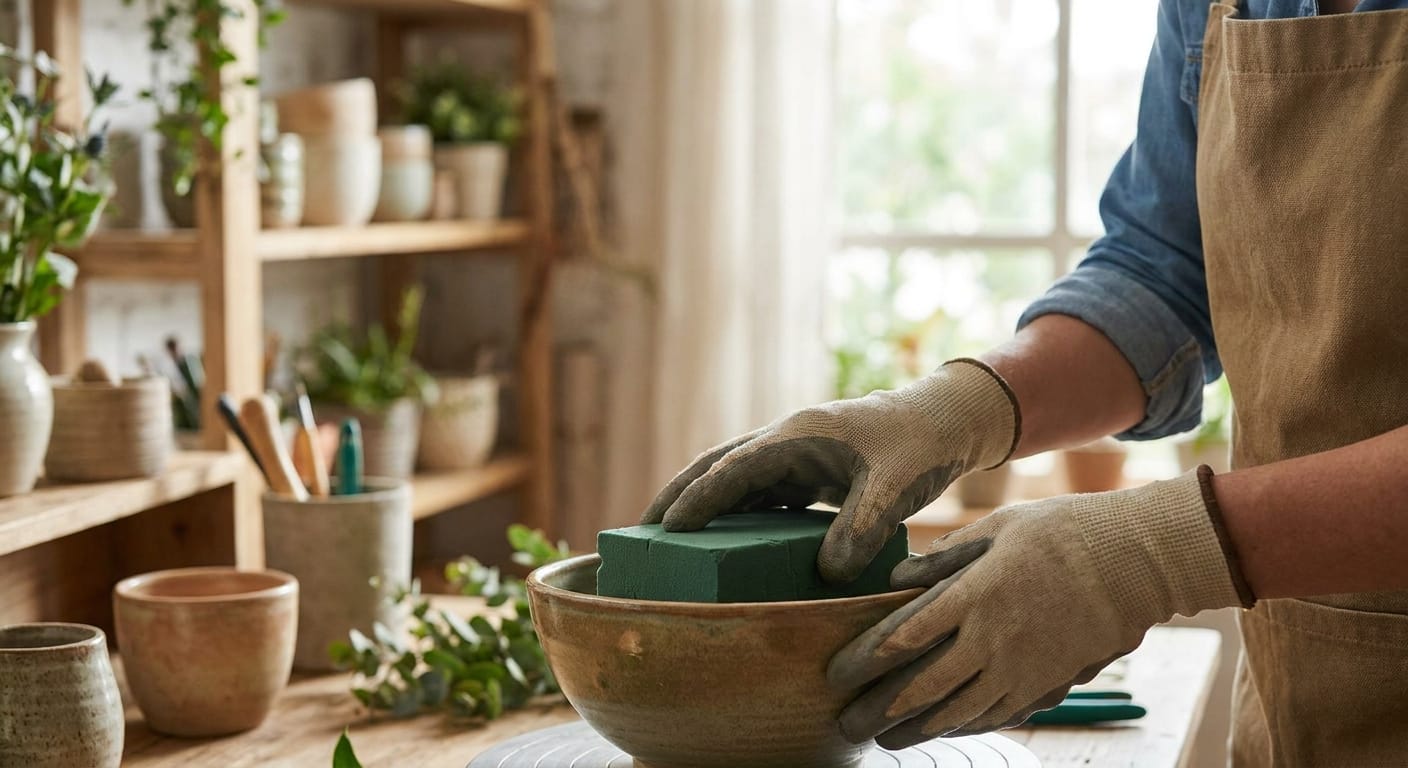 Close-up of a florist prepping a floral foam block inside a rustic ceramic bowl, hands visible, soft workshop lighting, shallow depth of field, professional tutorial style