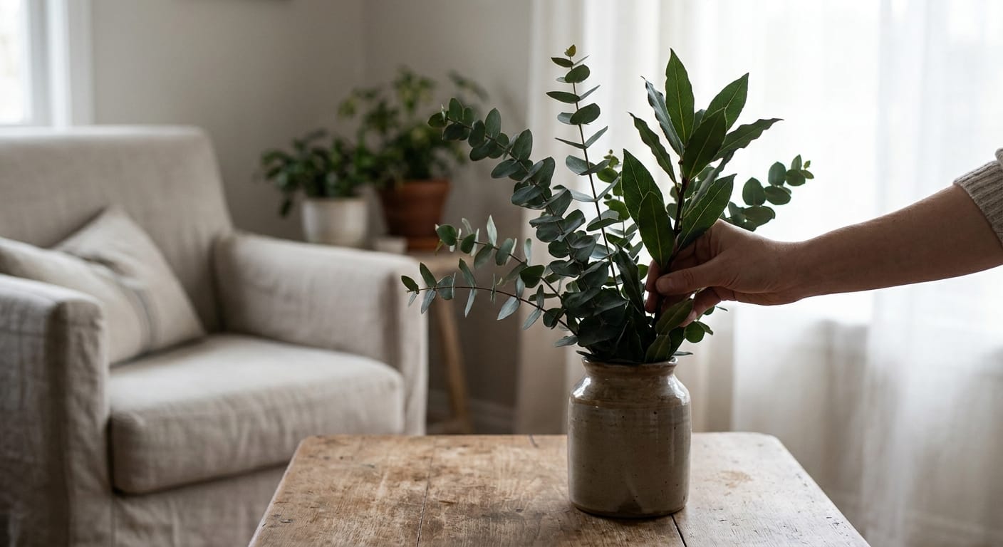 Hand placing deep green eucalyptus and bay leaves into a vase, creating the structural framework for a centerpiece, soft morning light, cozy home aesthetic