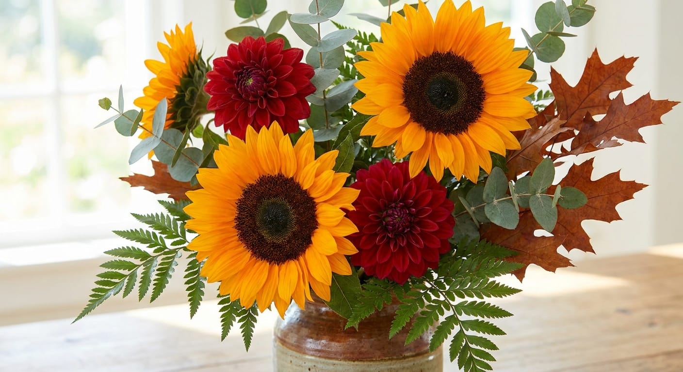 Arranging large, vibrant orange sunflowers and deep red dahlias into the greenery base, vibrant fall colors, sharp focus on petals, high-quality floral photography