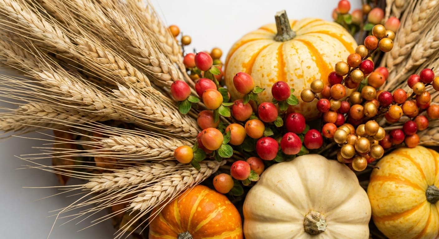 Close-up of dried wheat stalks, sprigs of hypericum berries, and miniature pumpkins tucked into a floral arrangement, warm autumn tones, macro photography