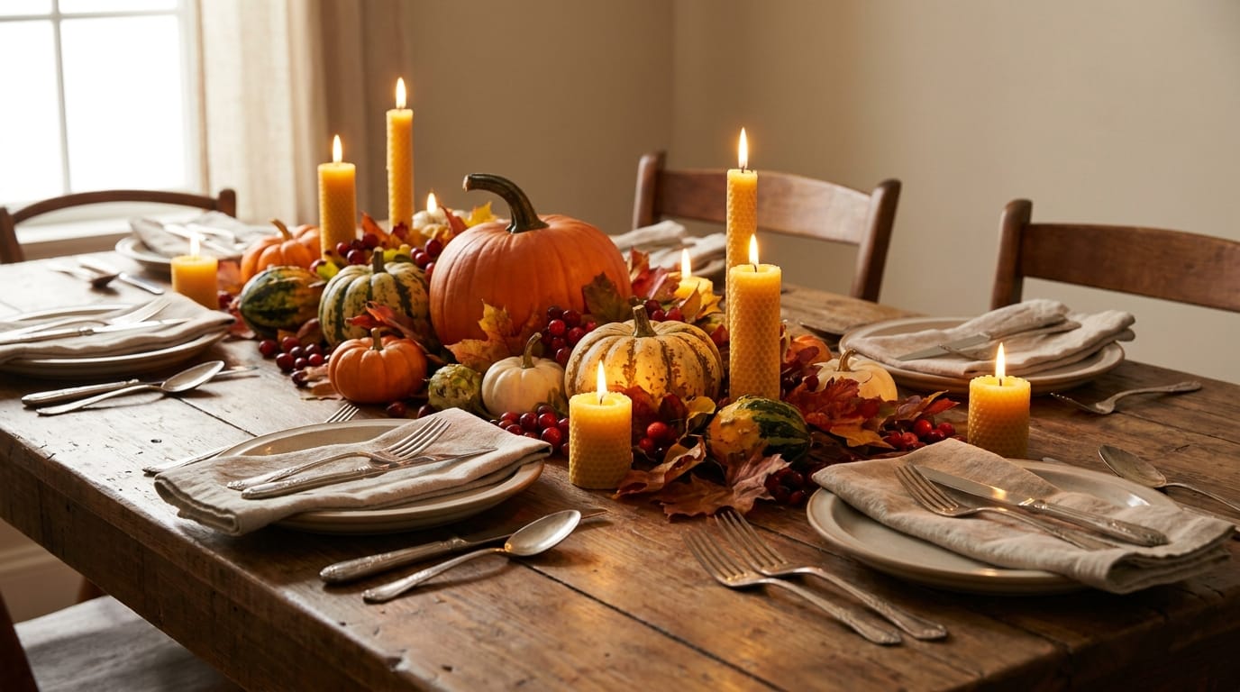 A finished Thanksgiving centerpiece on a dining table with candles and place settings, soft ambient lighting, warm and inviting atmosphere, wide-angle shot