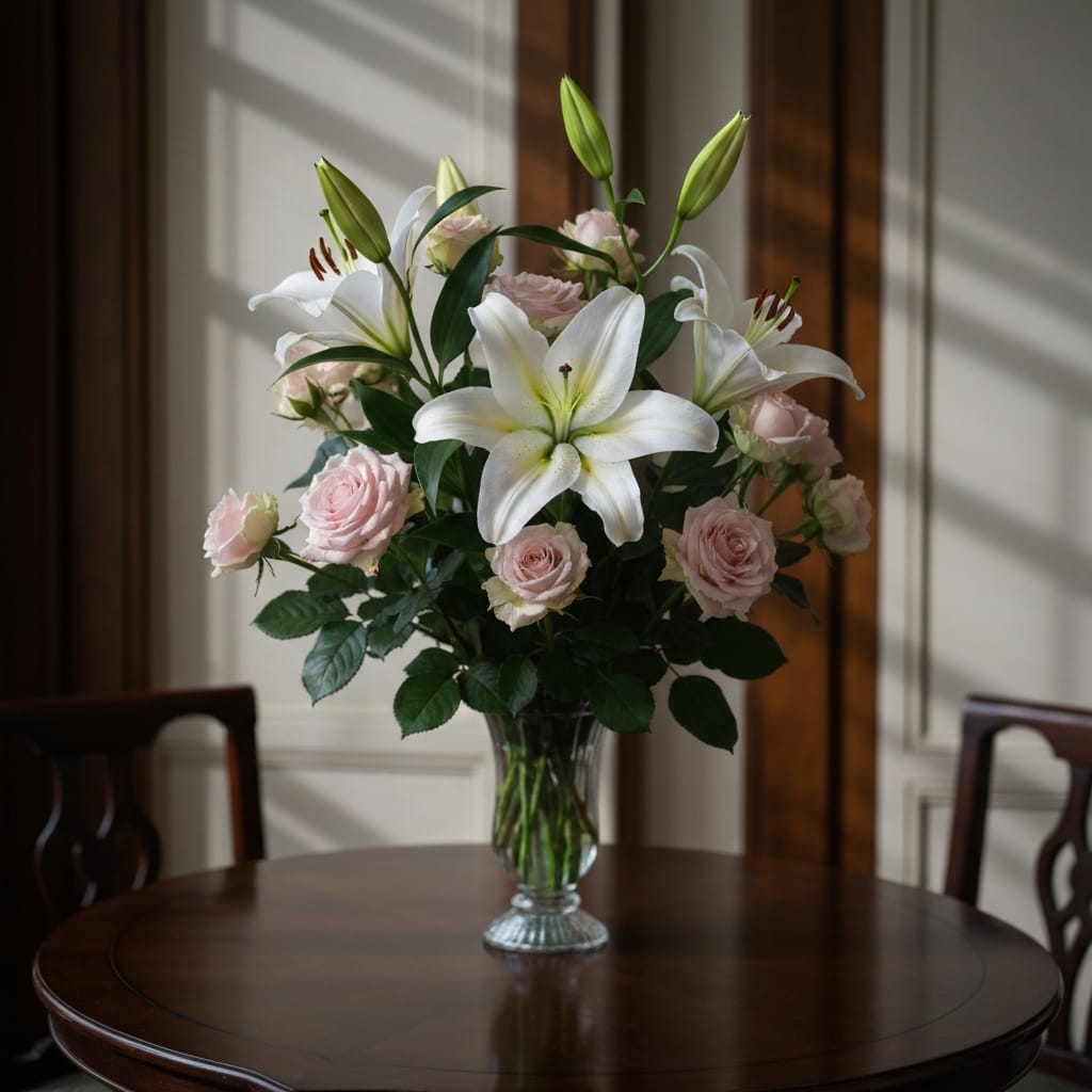 A serene, elegant sympathy floral arrangement featuring white lilies, soft pink carnations, and lush eucalyptus greenery, displayed on a wooden pedestal in a sunlit room, soft focus, professional editorial photography