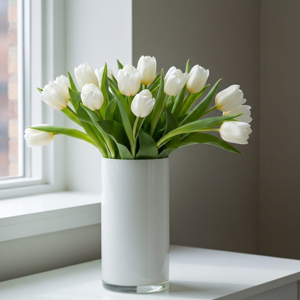 A bouquet of fresh white tulips in a glass vase, elegant and clean lines, soft window light, minimalist sympathy arrangement, professional photography