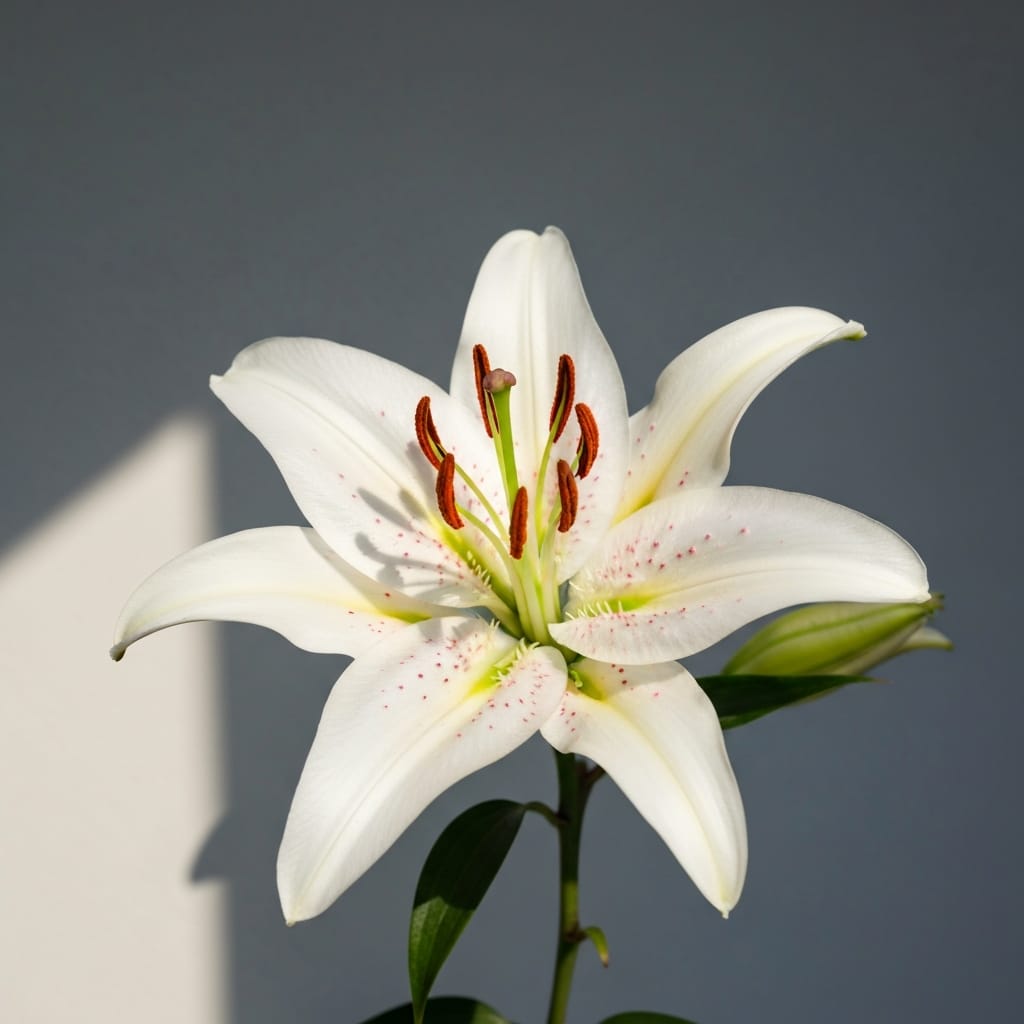 Close-up of a pristine white Stargazer lily with elegant petals and delicate stamens, soft morning light, clean studio background, minimalist sympathy aesthetic, high-resolution photography