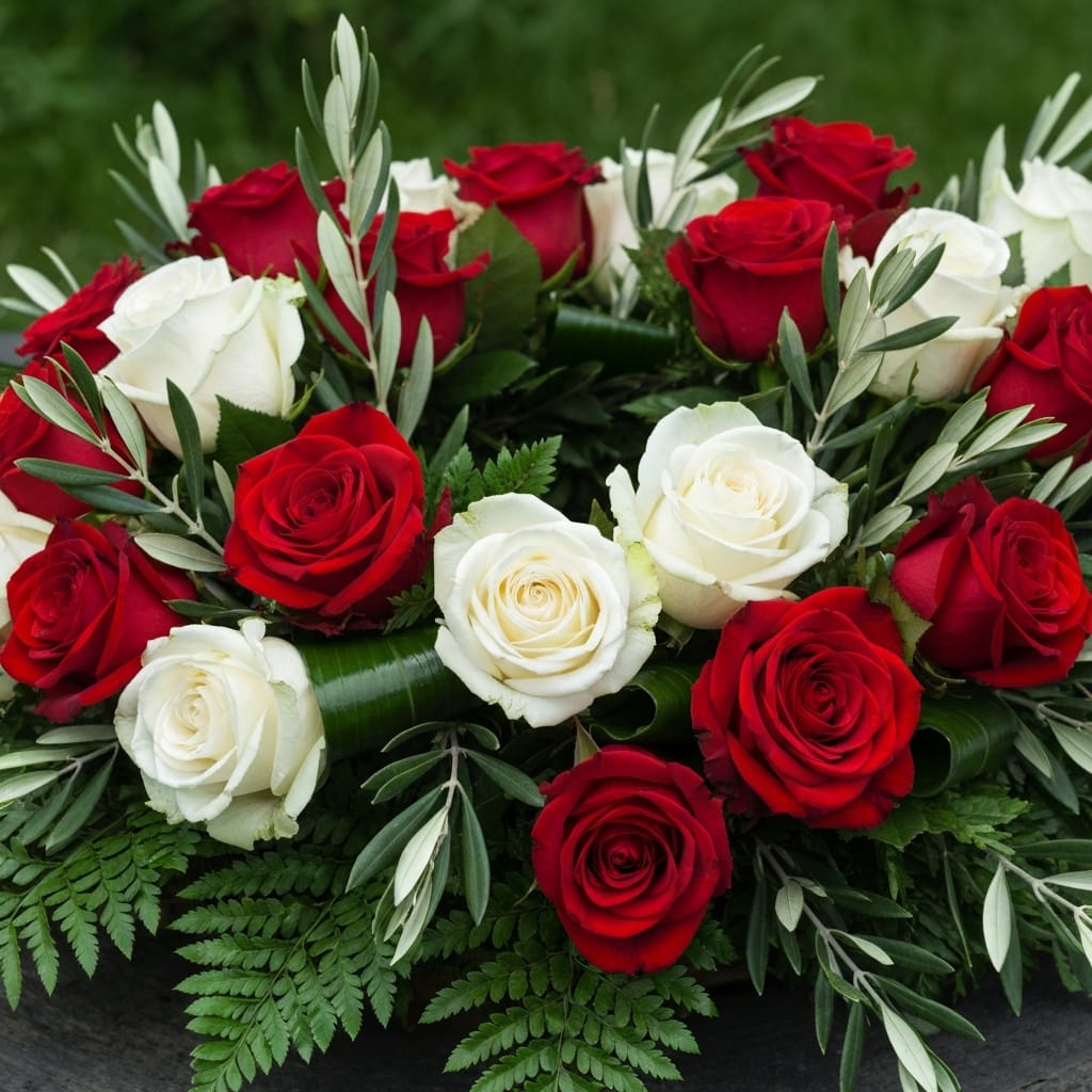 Deep red and white roses arranged in a sympathy wreath, lush green foliage, soft cinematic lighting, high-end floral design, rich textures and vibrant colors