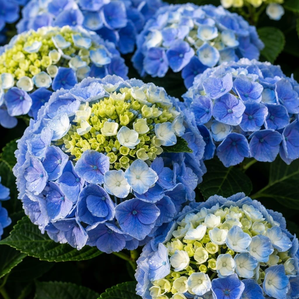 Full, voluminous blue and white hydrangea heads, morning dew drops, soft garden lighting, lush and comforting texture, editorial floral photography