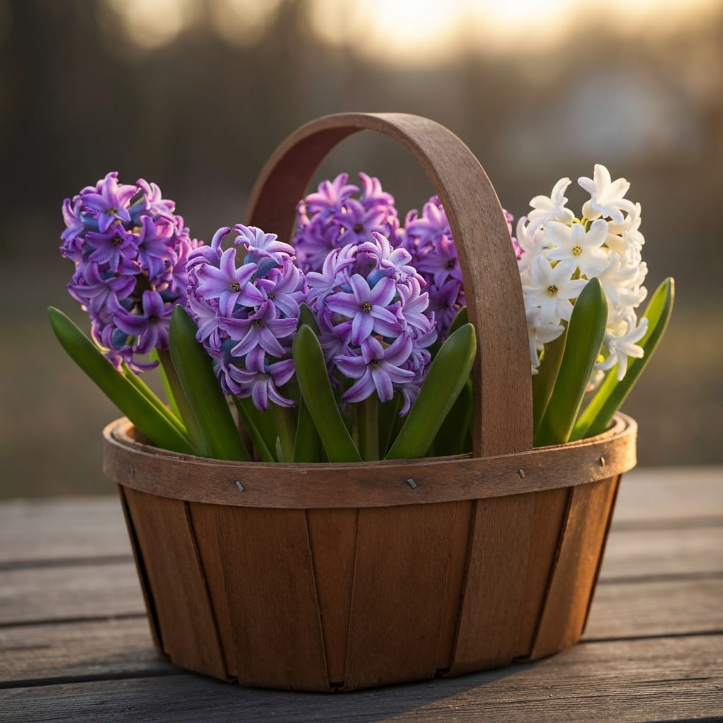 Fragrant purple and white hyacinth clusters, soft morning light, rustic wooden basket, gentle and serene atmosphere, close-up photography