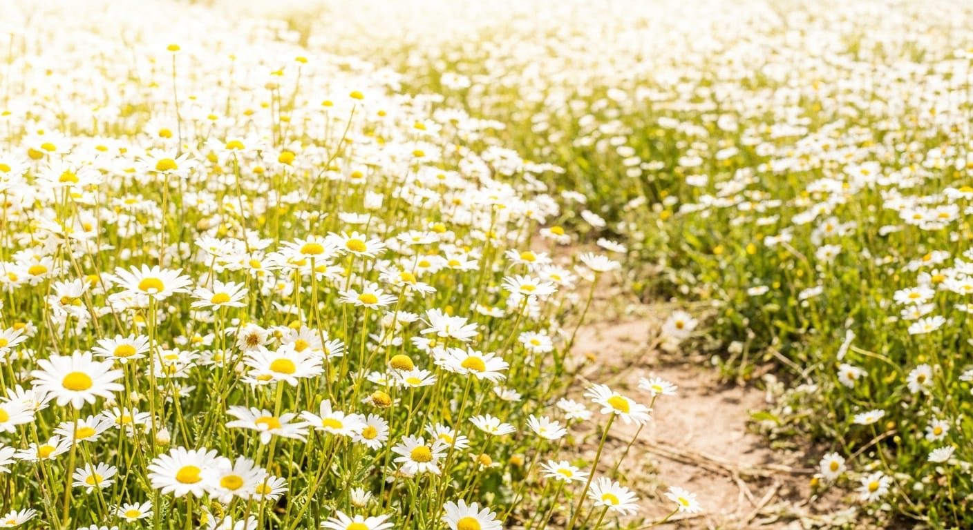 A simple, cheerful field of white daisies with yellow centers, bright midday sun, natural and unpretentious, high-key photography