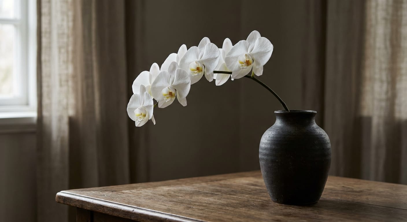 A single, exotic white orchid branch with delicate details, soft, moody lighting, elegant and high-end, shallow depth of field