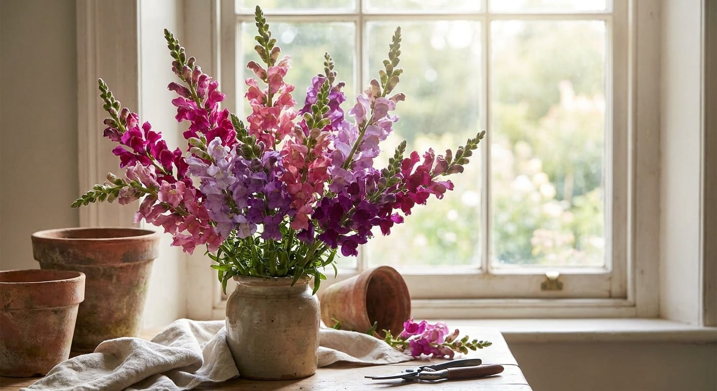 Tall, colorful stalks of snapdragons in various shades of pink and purple, soft window light, garden-inspired arrangement