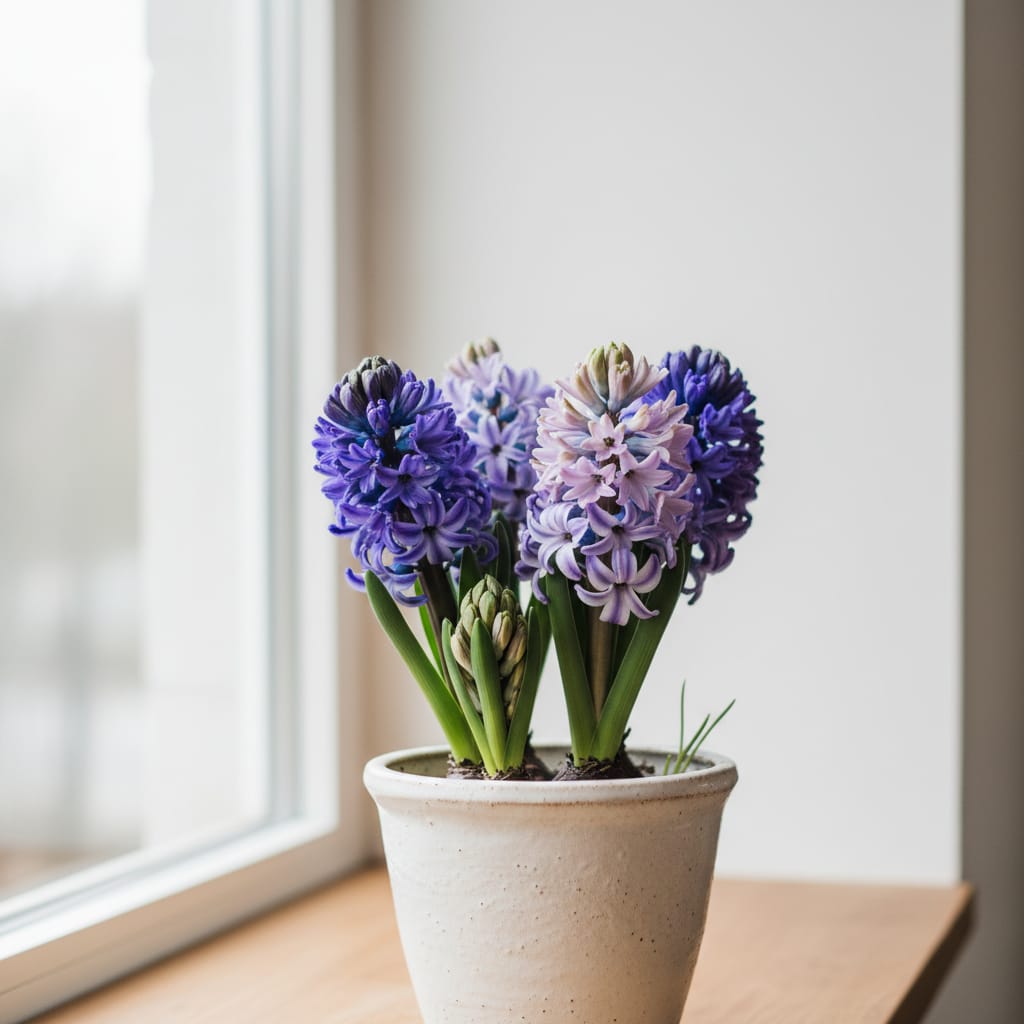 Clusters of fragrant blue and purple hyacinths in a small ceramic pot, bright indoor light, fresh and spring-like