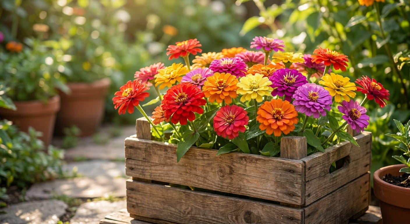 Vibrant, multicolored zinnias in a rustic wooden crate, bright outdoor sunlight, garden-fresh aesthetic, high saturation