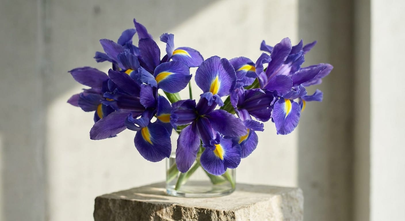 Striking deep blue irises with yellow throats, dramatic lighting, sharp focus on texture, elegant and architectural