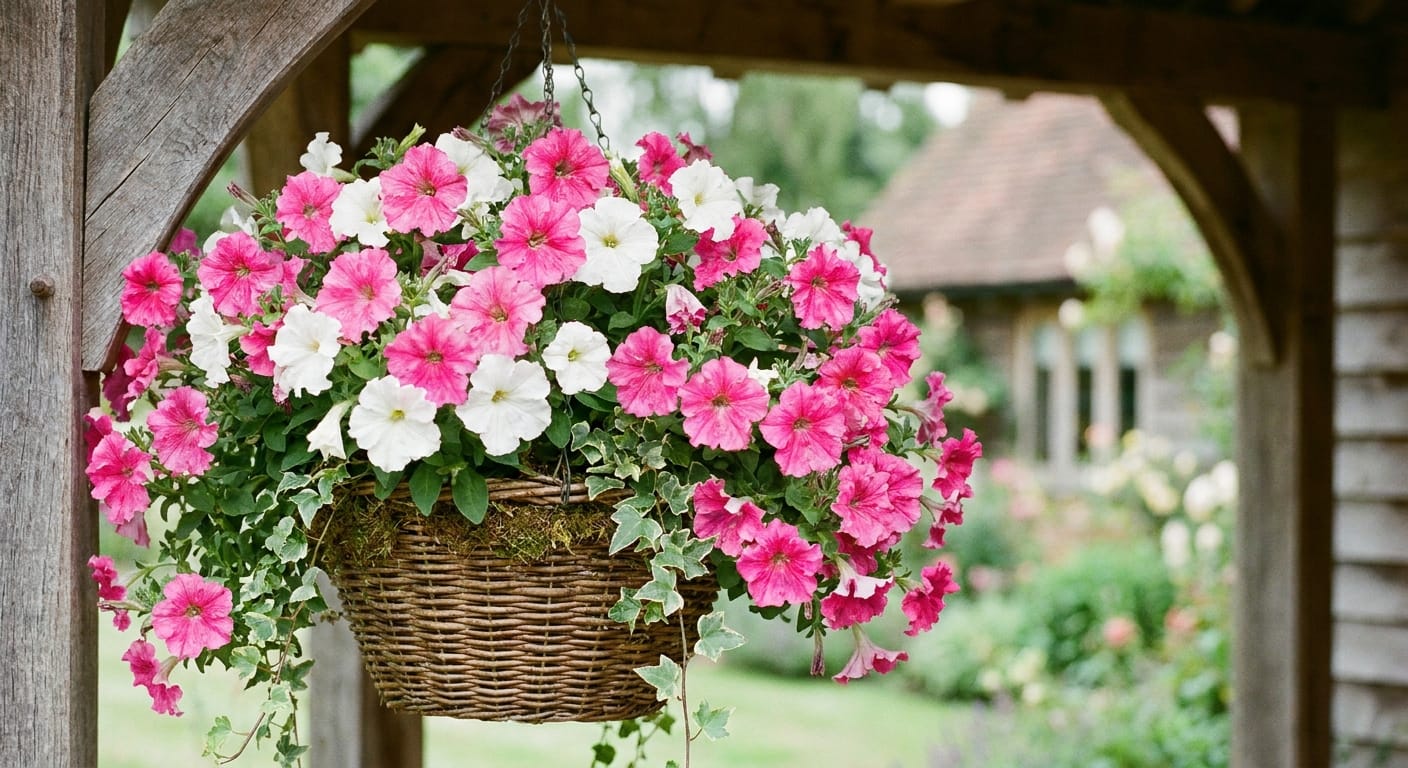 Bright pink and white petunias in a hanging basket, soft outdoor light, cheerful and welcoming