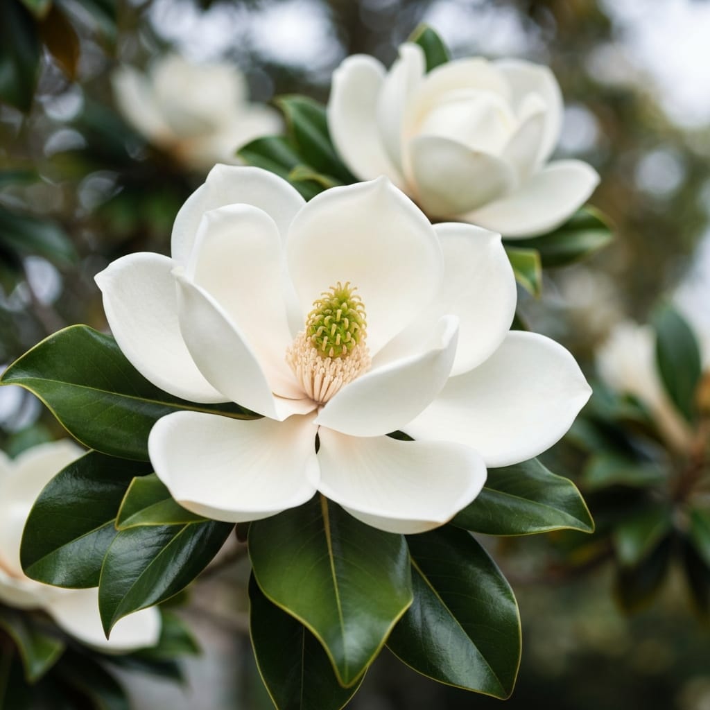Large, creamy white magnolia blossoms with dark green leaves, soft, diffused lighting, elegant and southern-inspired