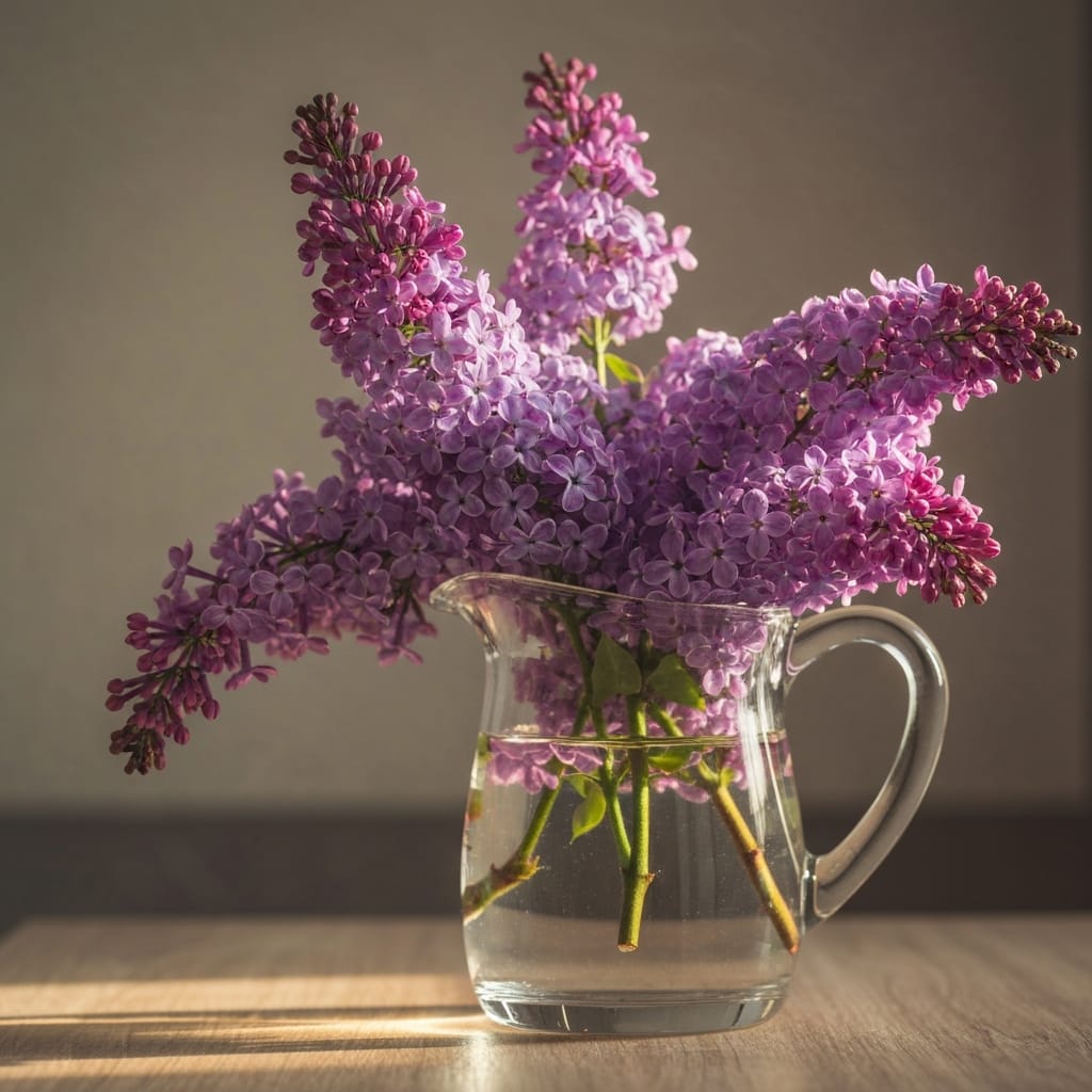 Clusters of purple lilacs in a glass pitcher, soft morning light, cozy and nostalgic atmosphere, macro detail