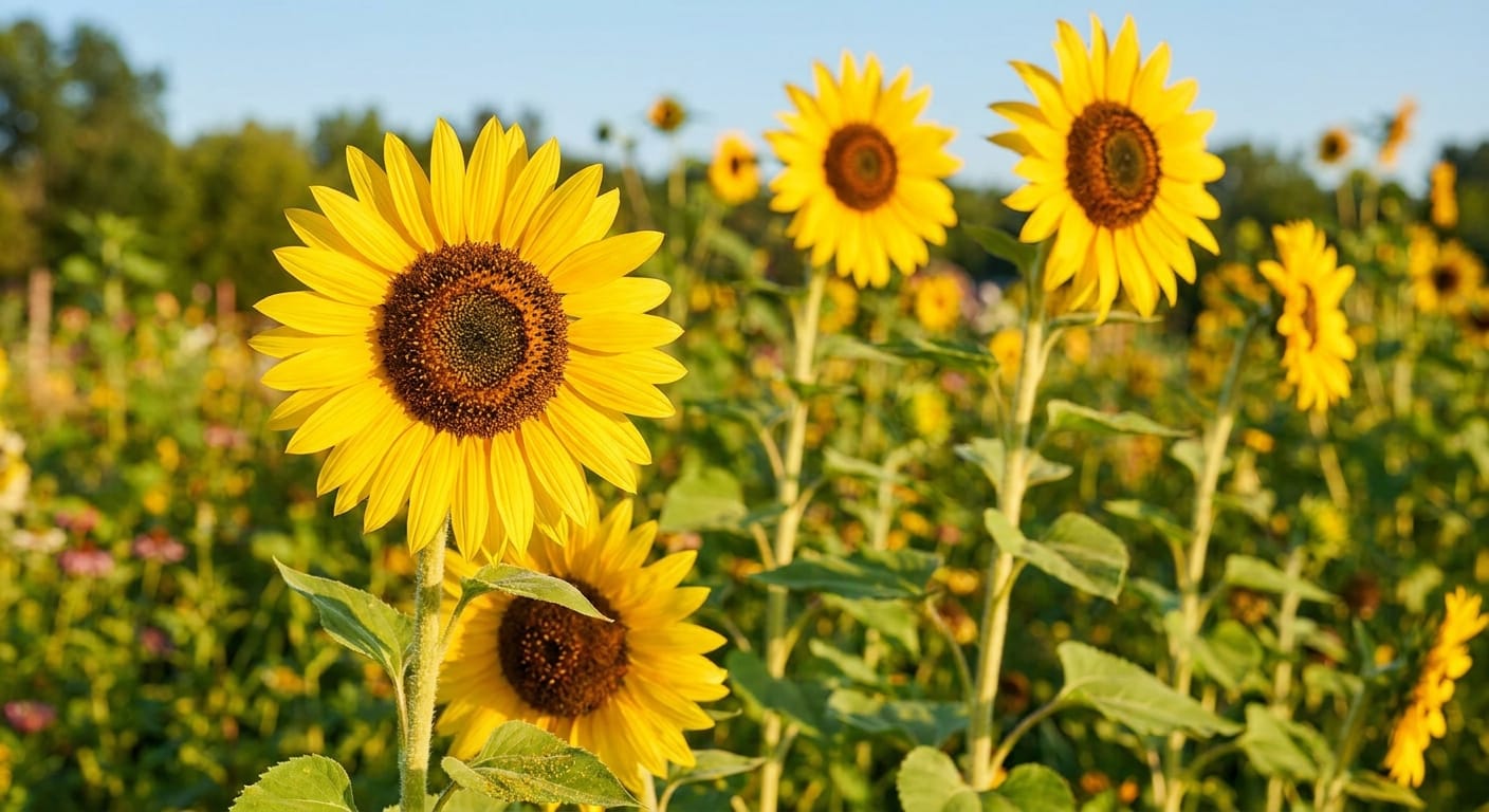 Tall, bright yellow sunflowers reaching towards the light, outdoor garden background, warm summer atmosphere, sharp focus on the dark center, vibrant and cheerful