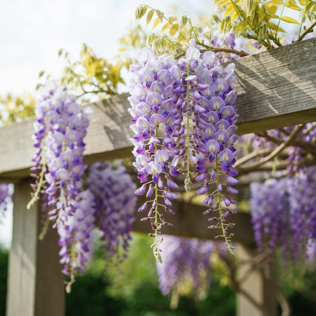 Trailing purple wisteria blossoms hanging from a trellis, soft, dreamy lighting, romantic and whimsical