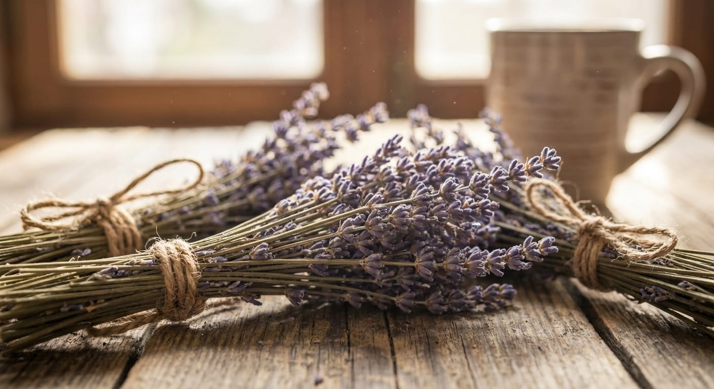 Clusters of blue and purple hydrangeas in a ceramic vase, soft indoor window lighting, rustic kitchen setting, vibrant color saturation, macro detail