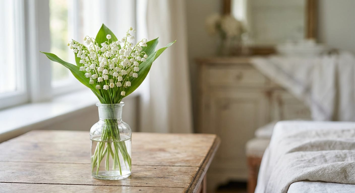Tiny, bell-shaped white lily of the valley flowers in a small glass vase, soft-focus background, elegant and delicate, editorial style close-up