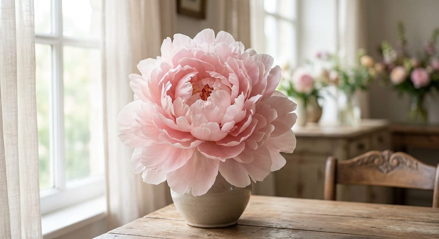 A massive, fully bloomed blush pink peony, soft petal layers, romantic and dreamy lighting, shallow depth of field, high-end floral design