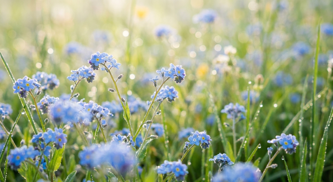 Tiny blue forget-me-not flowers in a meadow, soft focus, natural morning dew, macro photography, ethereal and whimsical atmosphere
