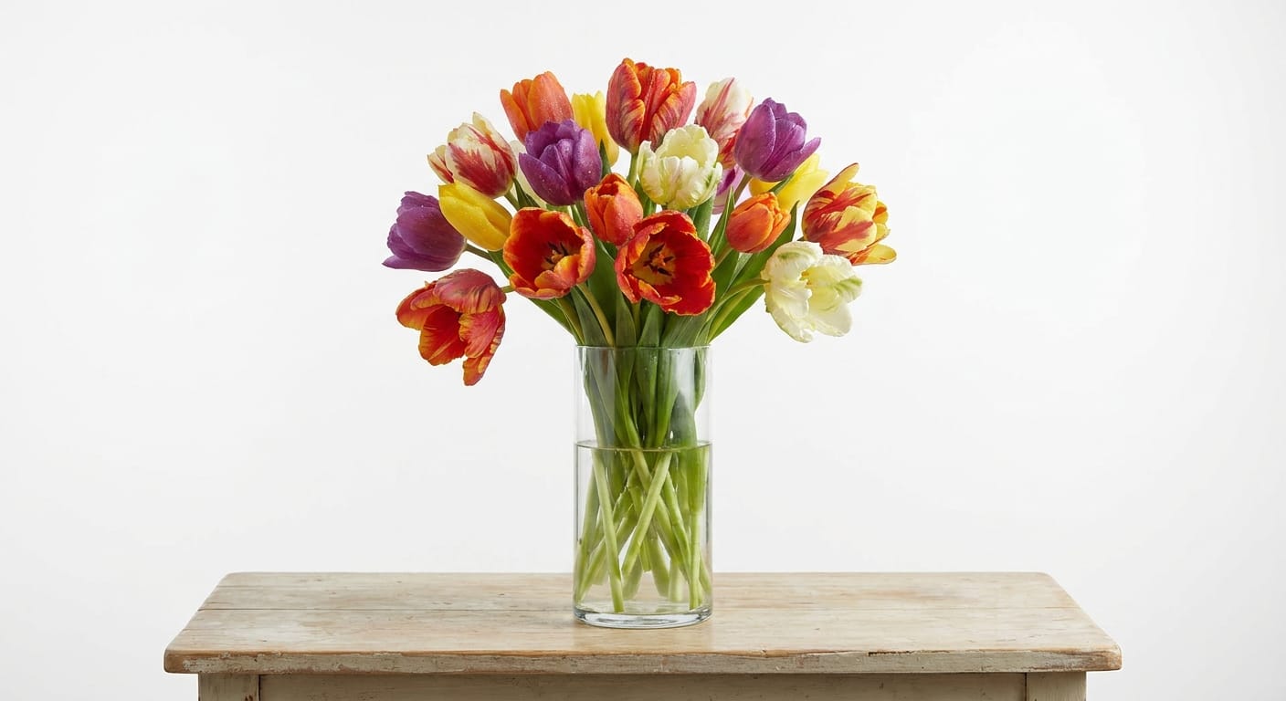 A vibrant, multicolored bouquet of tulips in a tall glass vase, bright, clean studio lighting, minimalist background, sharp focus on petals