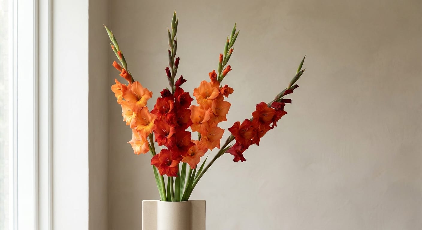 Tall, dramatic stalks of gladiolus in bright orange and red, shot in a minimalist studio against a neutral wall, architectural floral design