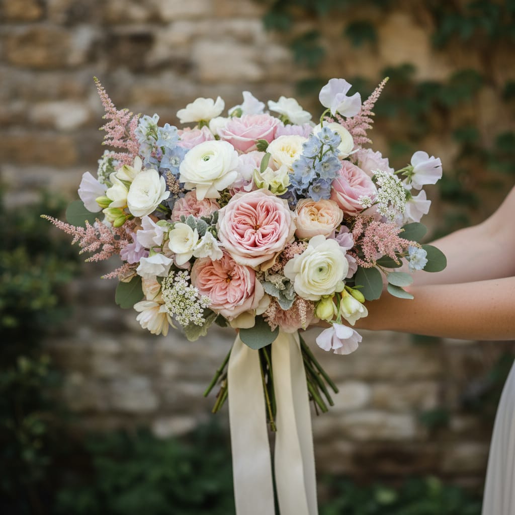 Pretty pastel flowers arranged in a romantic professional bouquet showing what florists consider the prettiest blooms available (relevant to: Top 10 Prettiest Flowers According to Florists)