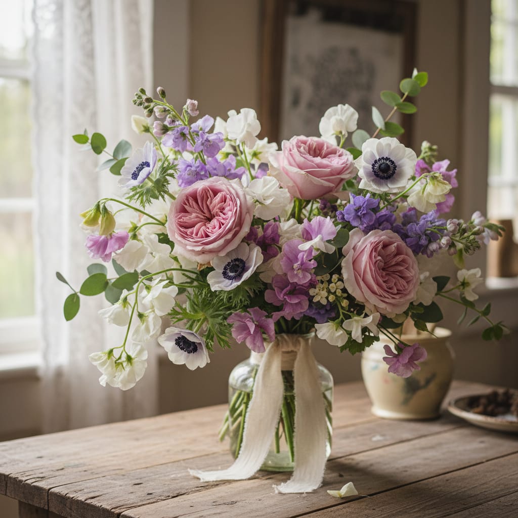 Pretty spring flower varieties including anemone sweet peas and garden roses arranged in a cottage-style bouquet (relevant to: Top 10 Prettiest Flowers According to Florists)