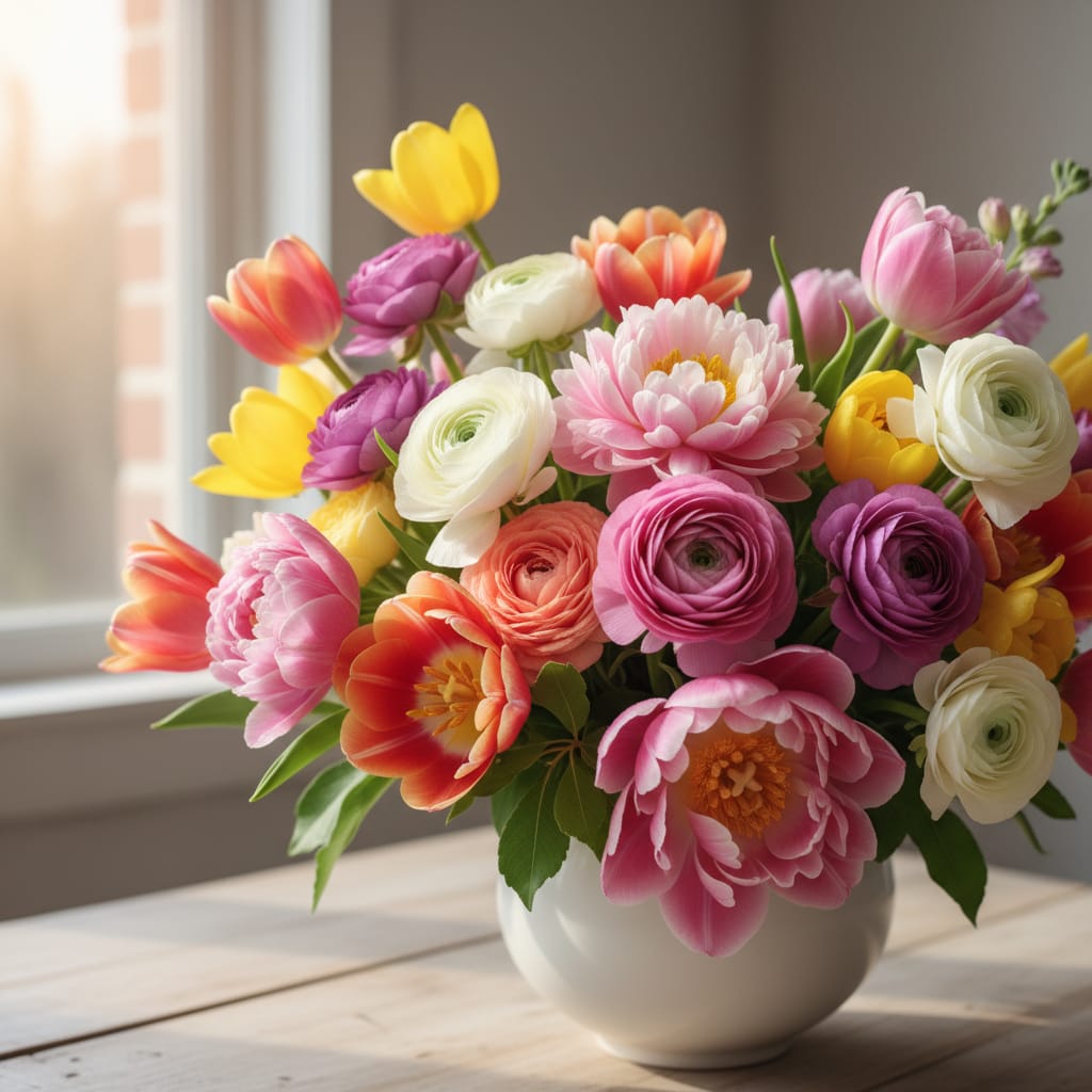 Colourful spring flower bouquet featuring tulips peonies and ranunculus at peak freshness