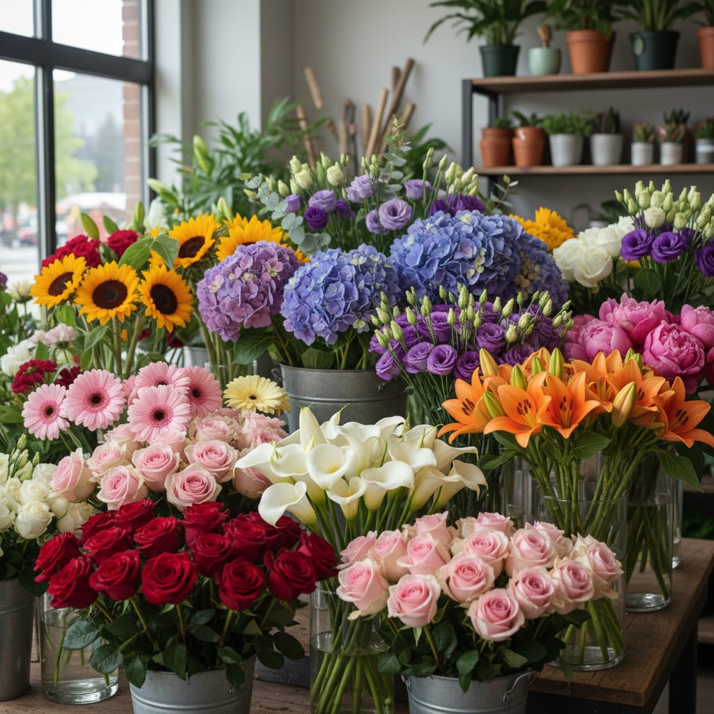 Popular flower varieties at a local flower shop showing roses lilies and other top-selling US flowers at peak freshness
