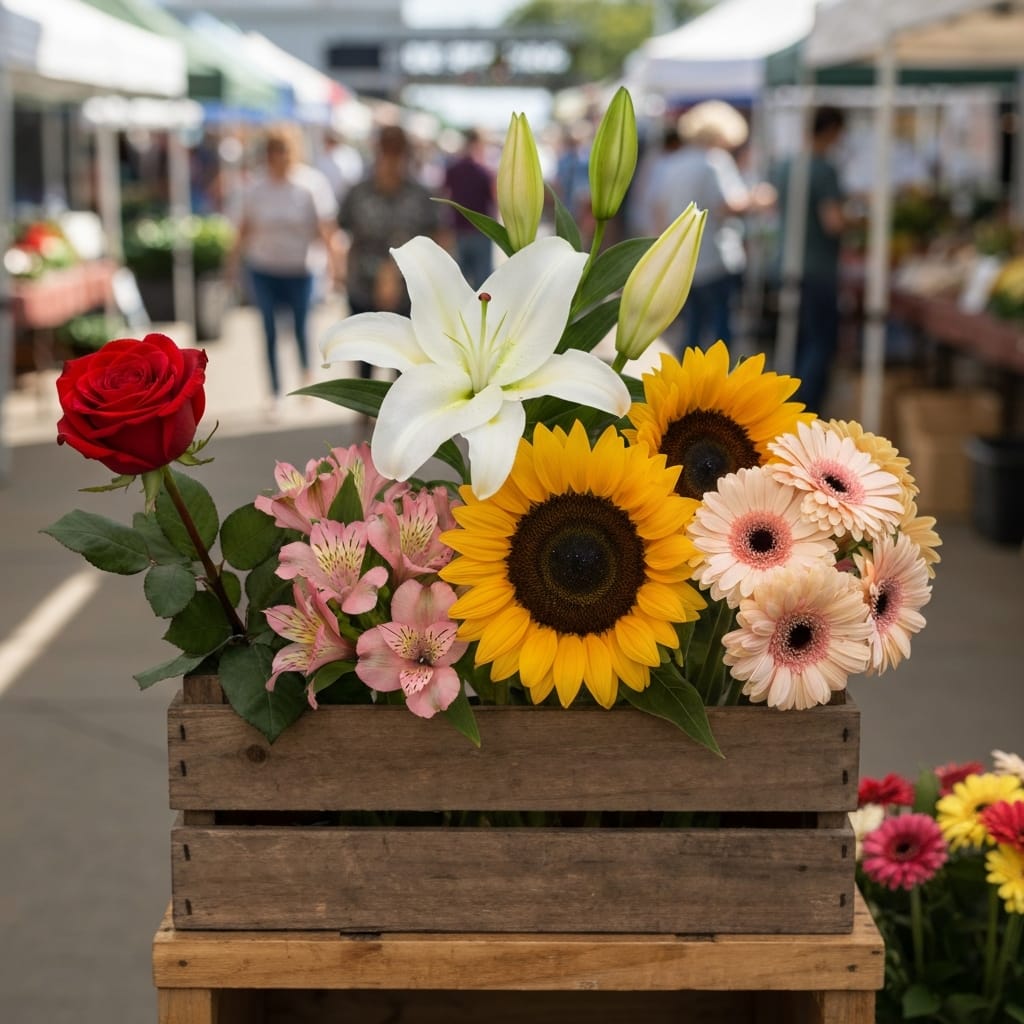 The five most popular flowers in America rose, lily, sunflower, alstroemeria, and gerbera daisy displayed at a US farmer's market
