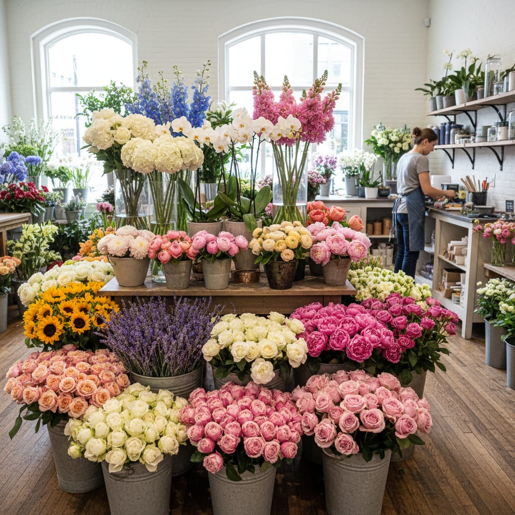 Assorted popular flower varieties in full bloom at a professional florist shop