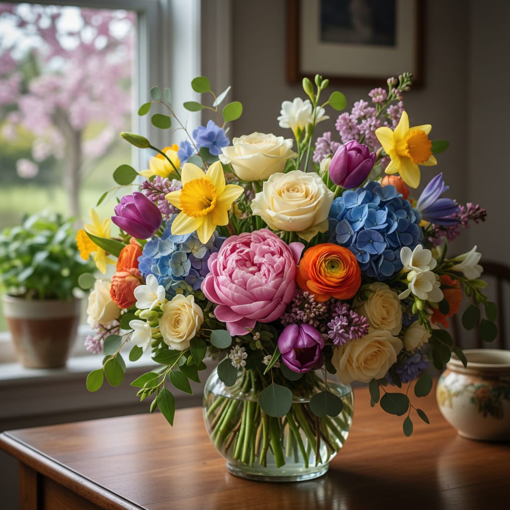 Colourful spring flower bouquet showing the variety and abundance of popular flower choices available at florists