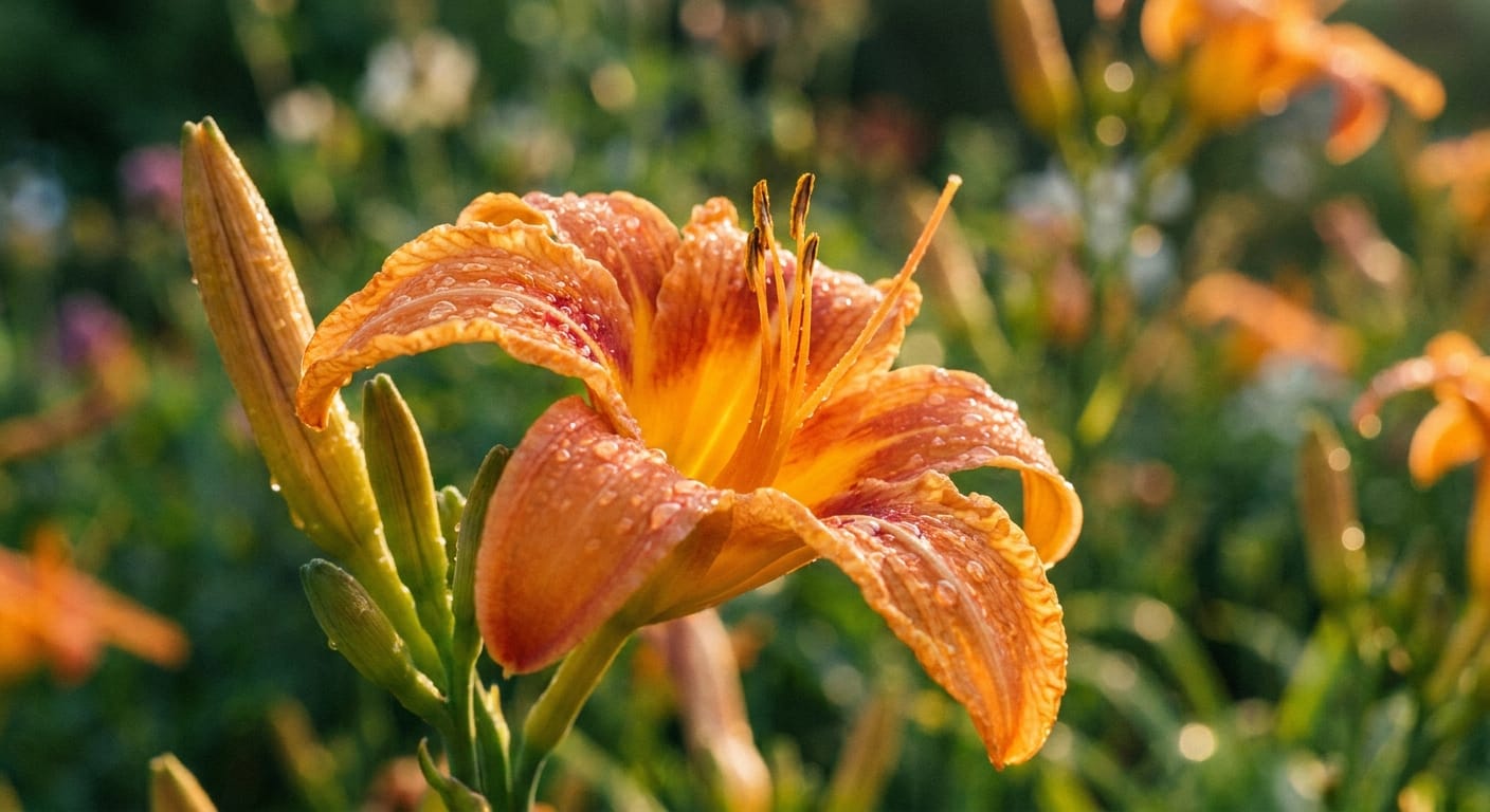 A vibrant, sun-drenched orange daylily in full bloom, soft garden background with dew drops on petals, macro photography, golden hour lighting