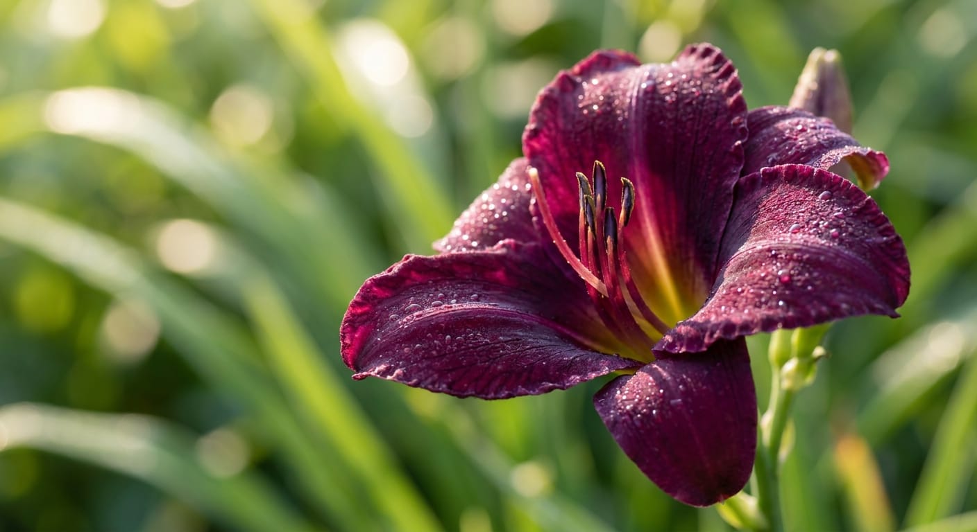 Close-up of a deep purple Hemerocallis 'Stella de Oro' variant, rich velvet texture, morning light, dew drops, shallow depth of field, professional garden photography