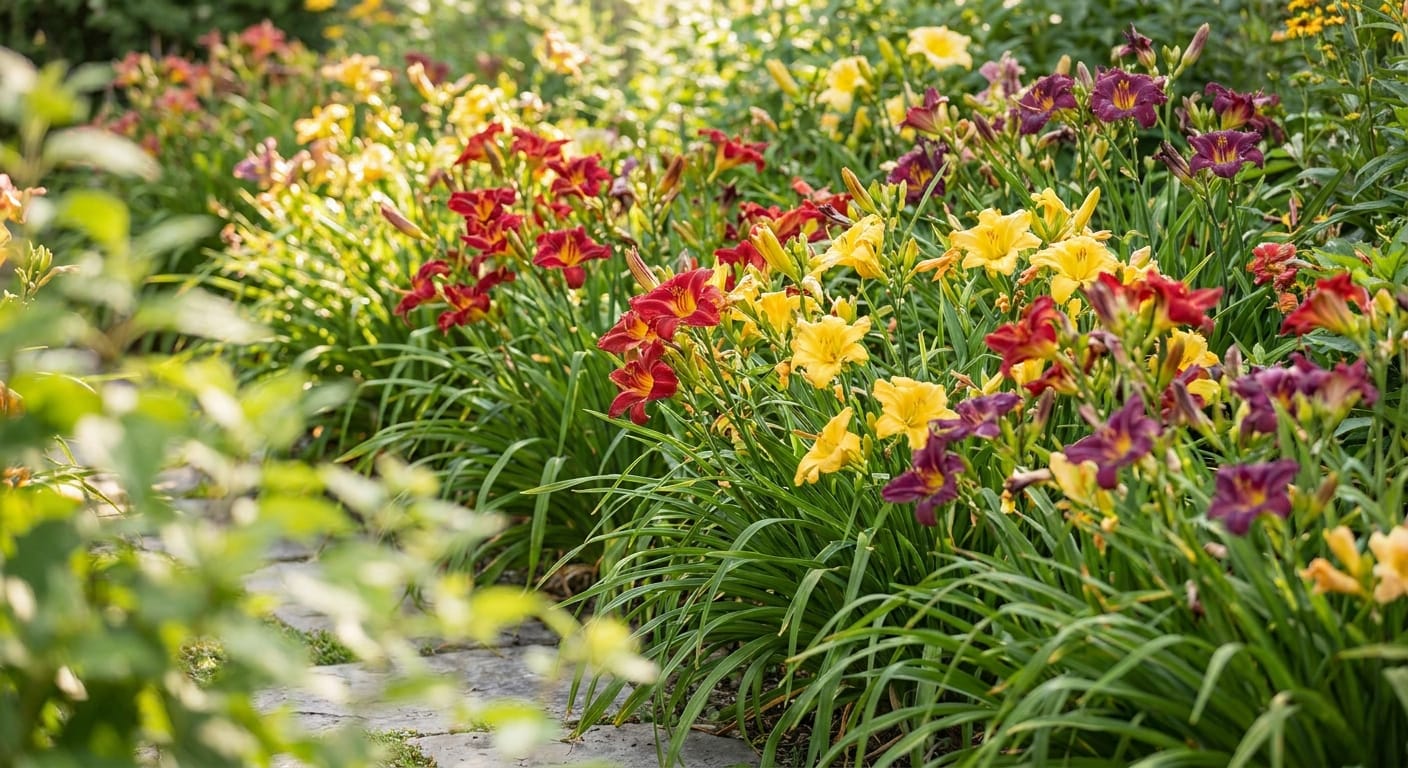 A lush garden border filled with various colorful daylilies, soft focus, bright summer sunlight, vibrant reds, yellows, and purples, editorial garden style