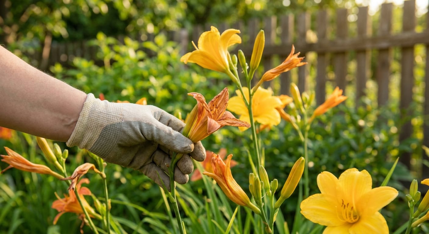 Hands gently deadheading a daylily in a backyard setting, focusing on removing the spent flower to encourage new growth, warm natural light, close-up shot