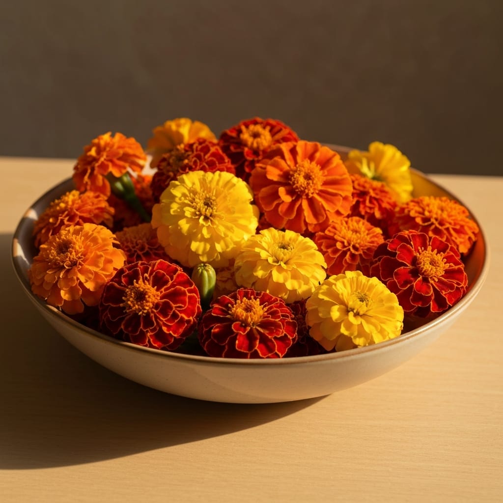 Bright orange and yellow marigold heads arranged in a shallow bowl, warm autumn lighting, cozy and festive atmosphere