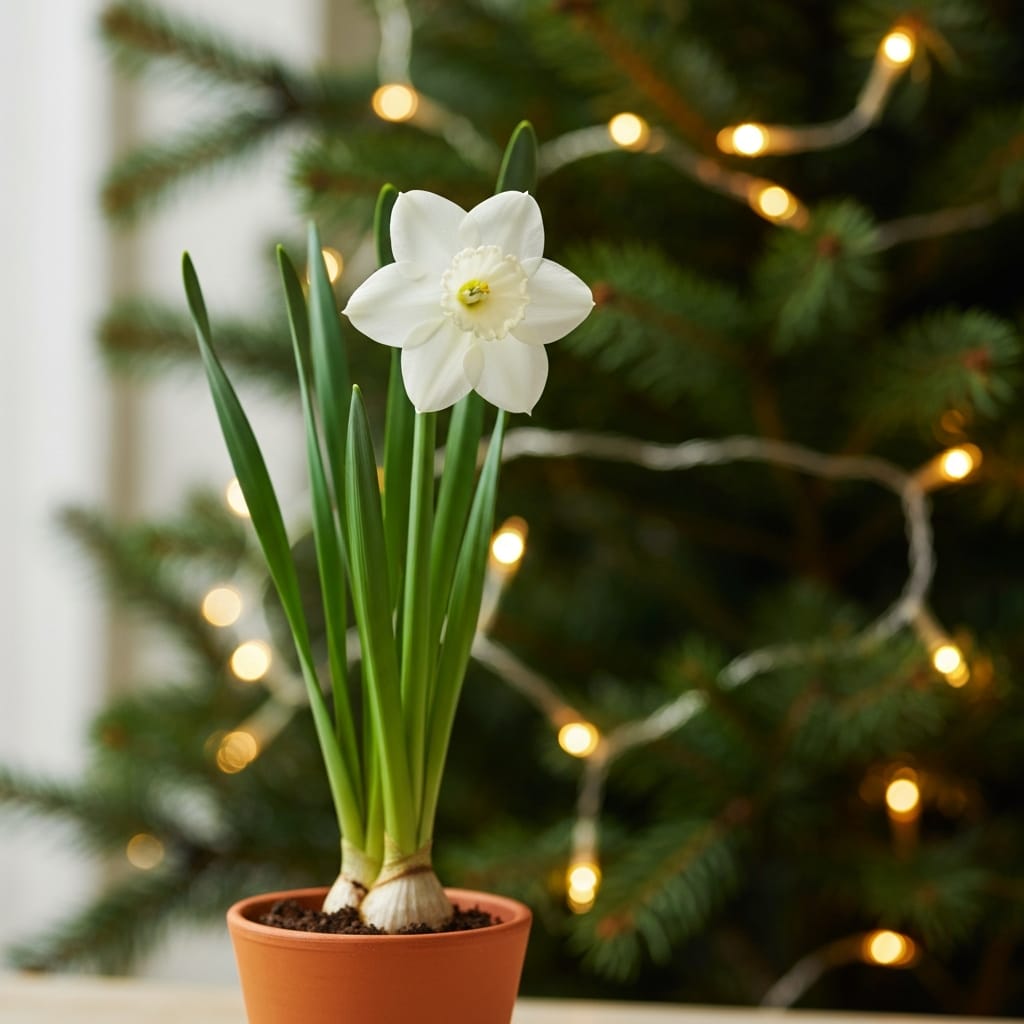 A delicate white paperwhite narcissus blooming in a small pot, festive evergreen background, warm indoor lighting, holiday spirit
