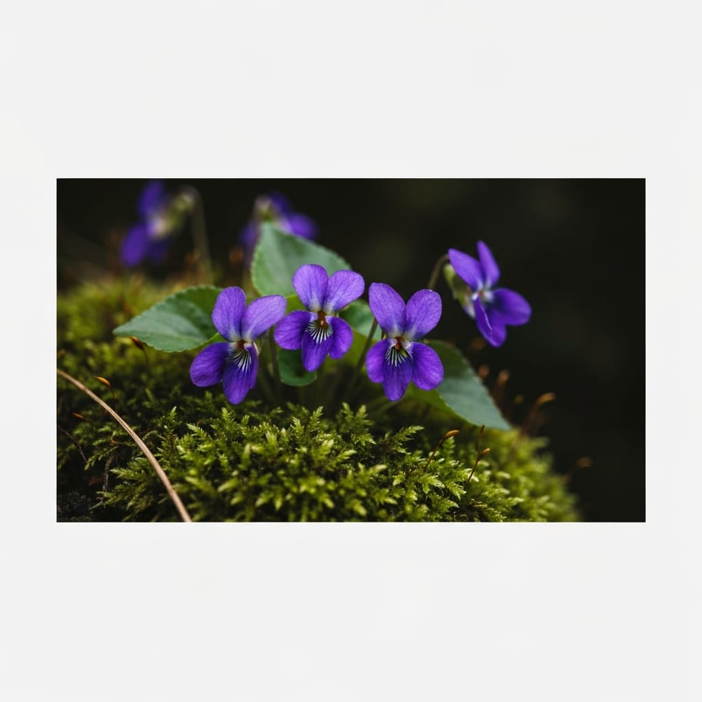 A macro shot of deep purple violets nestled in moss, soft cinematic lighting, moody and elegant, high contrast