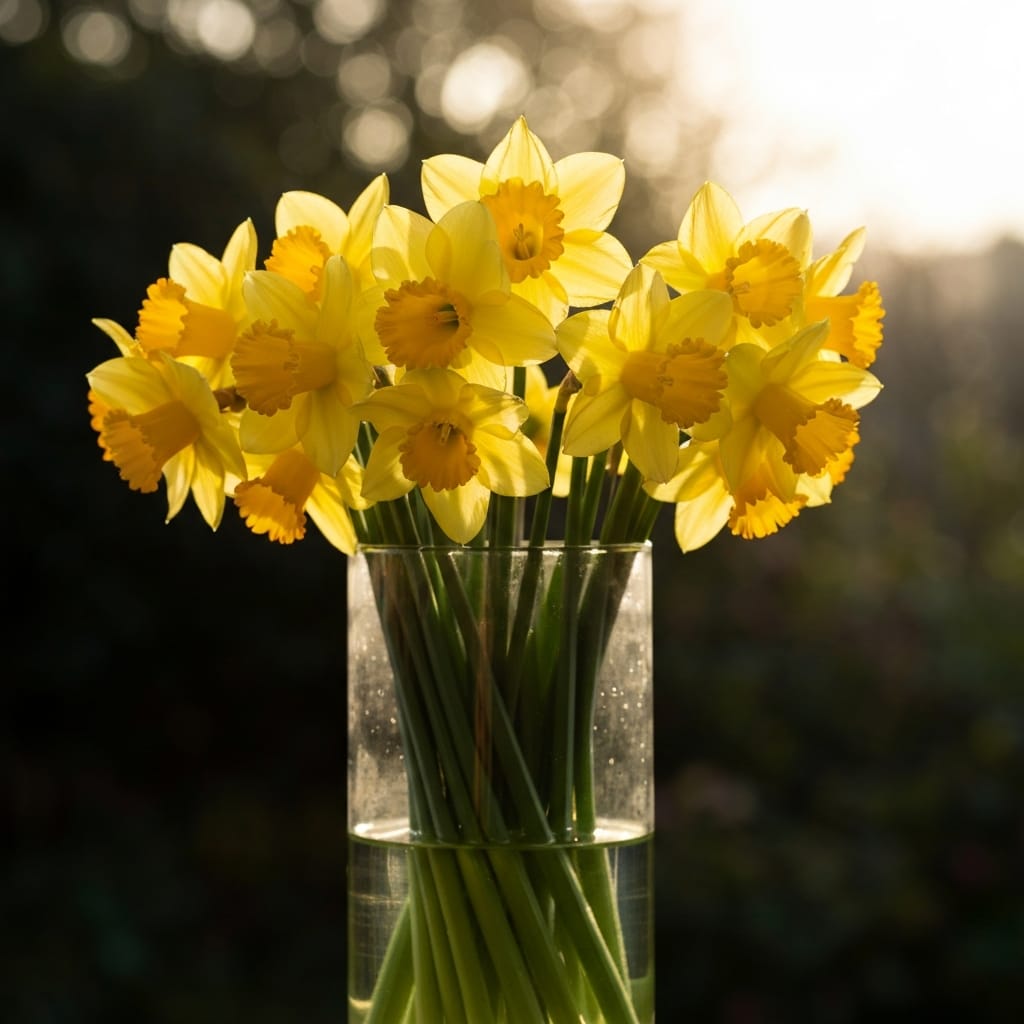 A bright, cheerful bunch of yellow daffodils in a glass vase, backlit by soft afternoon sun, spring atmosphere, shallow depth of field