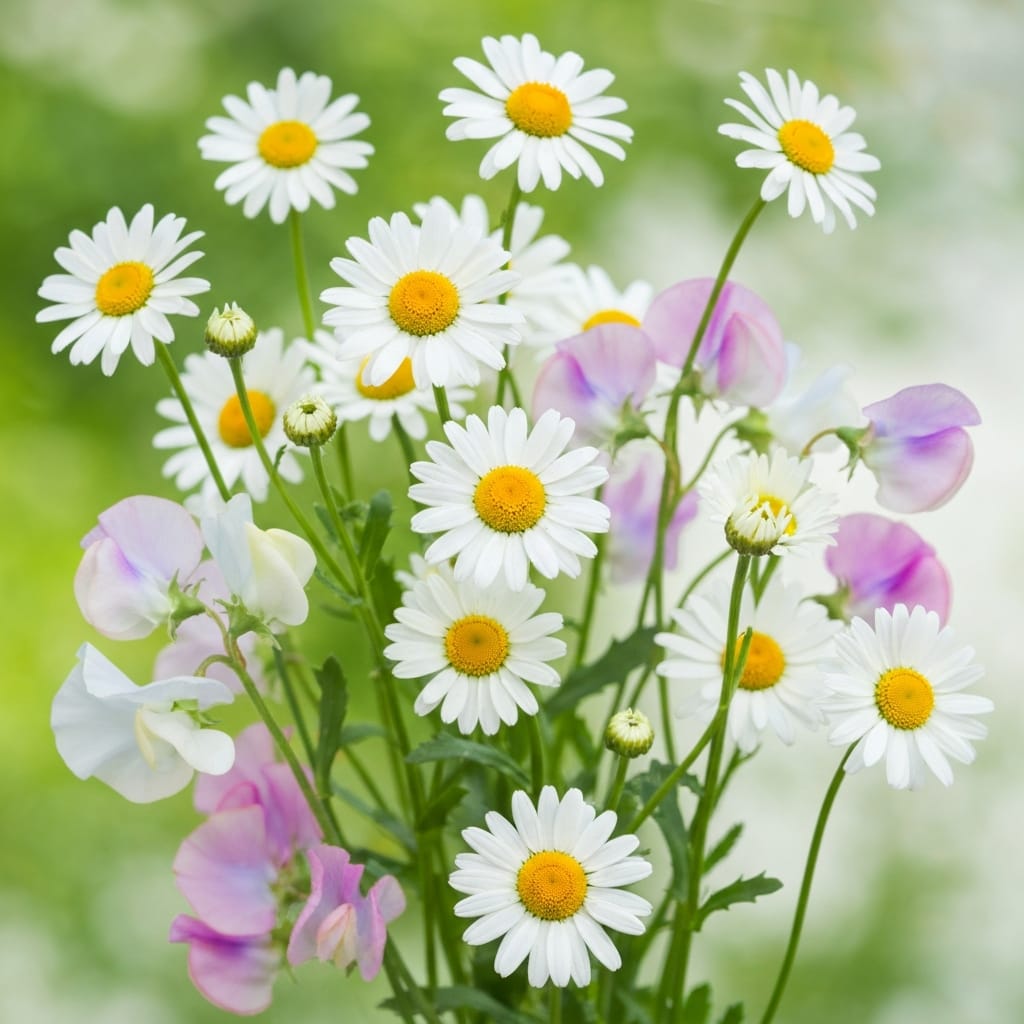 A whimsical arrangement of white daisies and pastel-colored sweet peas, soft focus, airy and romantic, natural light